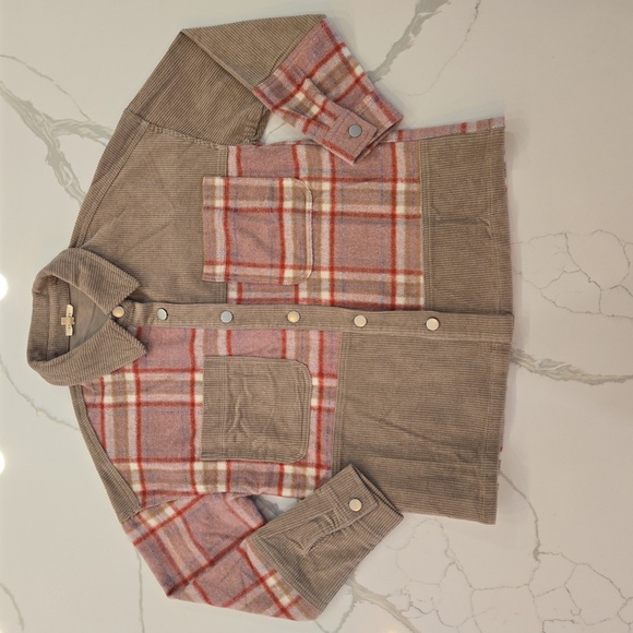 Jodifl Womens Plaid Corduroy Patchwork Shacket Jacket Shirt Brown Size Small - Picture 1 of 11
